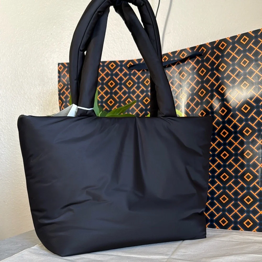 NWT Tory Burch 167626 Britten Nylon Puffy Tote Black Silver Logo Bag